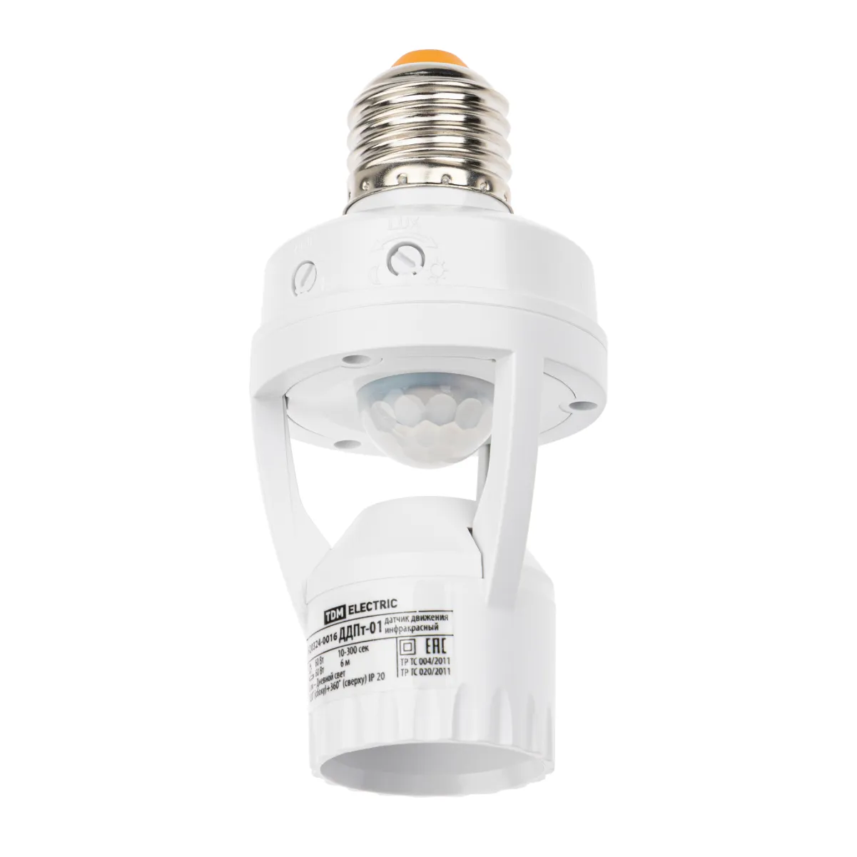 Senzor de mișcare cu soclu DDPt-01 60Вт, 10-300с, 6м, 3+Лк, 120(сбоку)+360(сверху)гр IP20, TDM