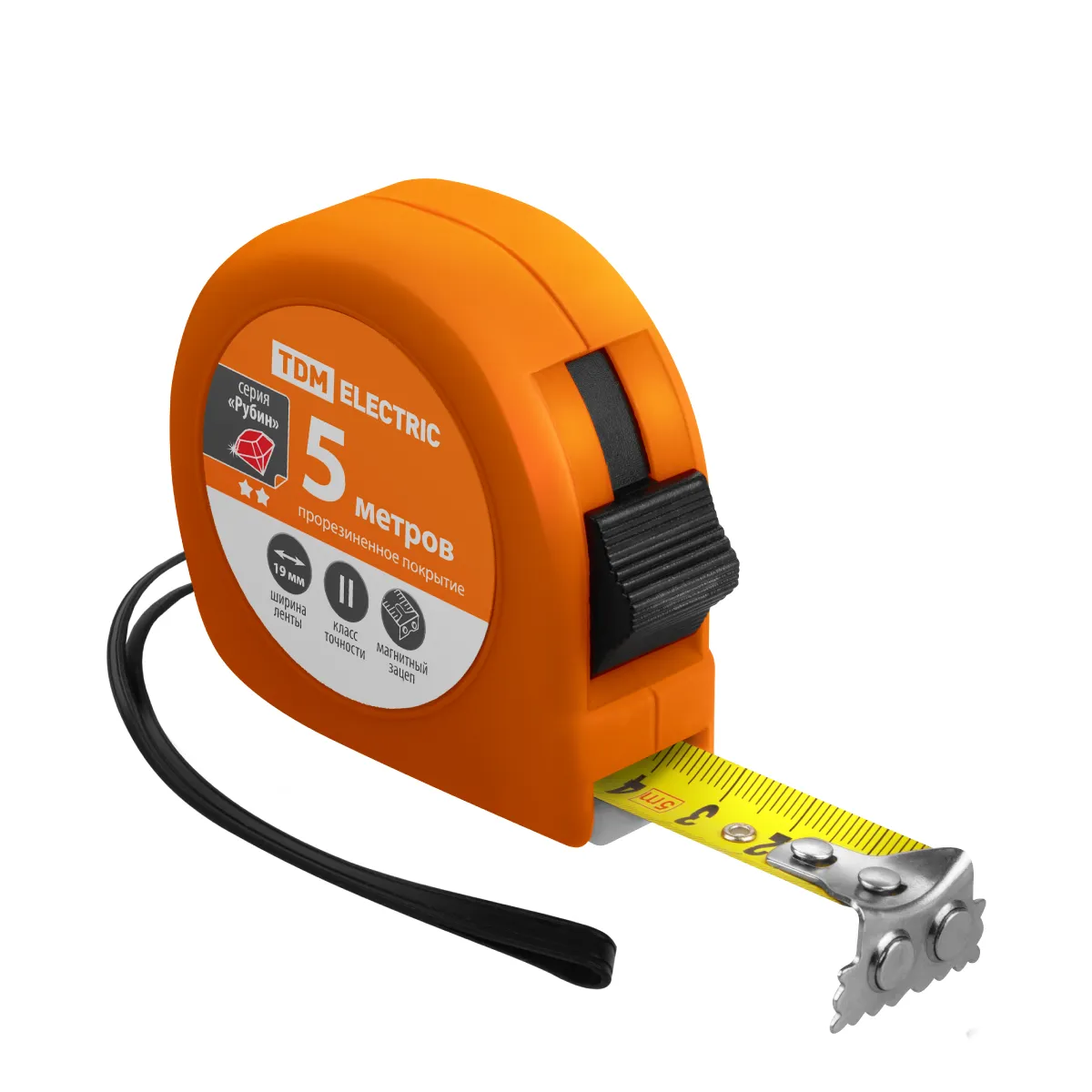 Bandă de măsură, lungime 5 m, bandă din oțel, lățime 19 mm, înveliș cauciucat, magnet, "Рубин" TDM