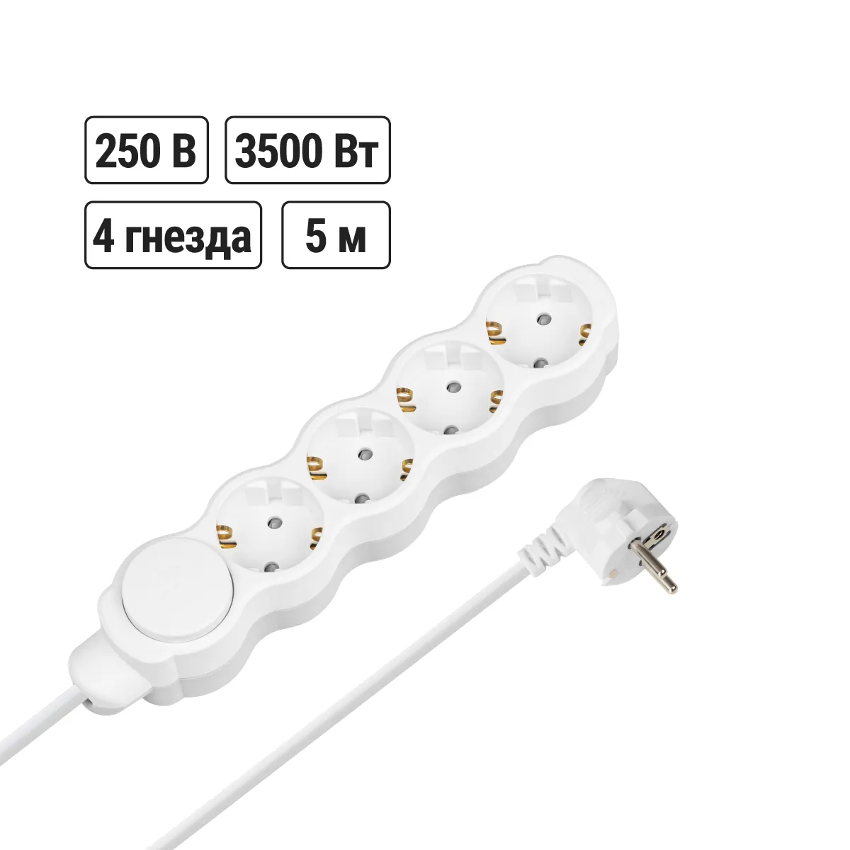Prelungitor casnic "Люкс" UL04V cu oprire, 4 prize, 5m, c/z, cu z/sh, PVC 3x1mm² 16A/250V alb-gri TDM