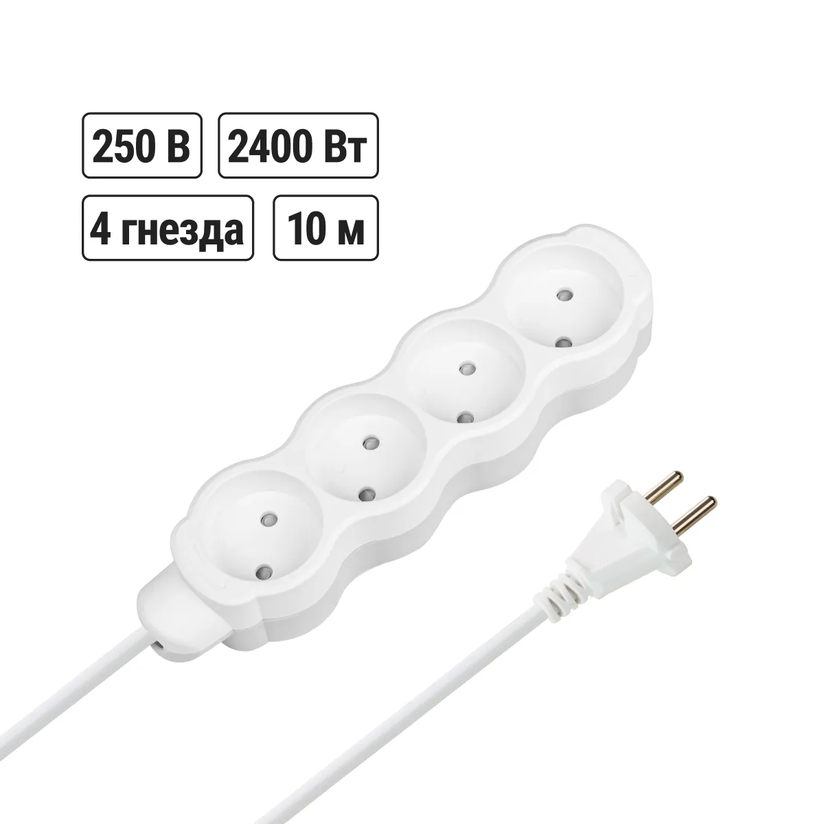 Prelungitor casnic "Lux" UL4 4 prize, 10 m, fără împământare, cu împământare, PVC 2x0,75 mm2 10A/250V alb-gri TDM