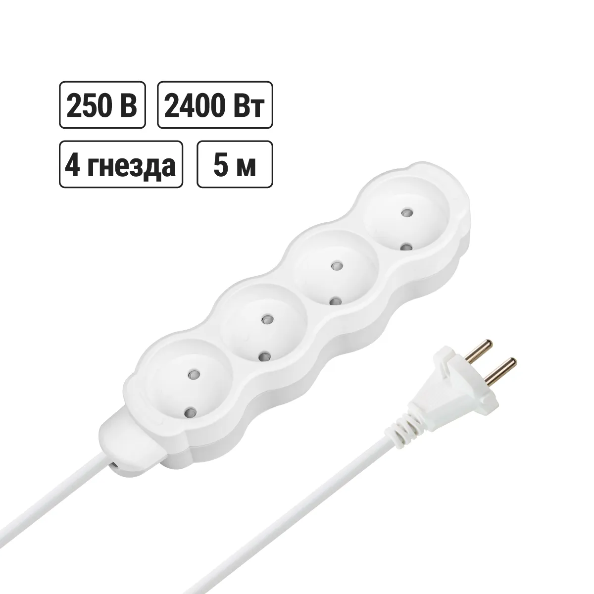 Prelungitor casnic "Lux" UL4 4 prize, 5 m, fără împământare, cu împământare, PVC 2x0,75 mm2 10A/250V alb-gri TDM