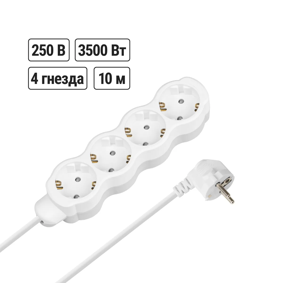 Prelungitor casnic "Lux" UL04 4 prize, 10 m, с/з, с з/ш, PVC 3x1 mm2 16A/250V alb-gri TDM