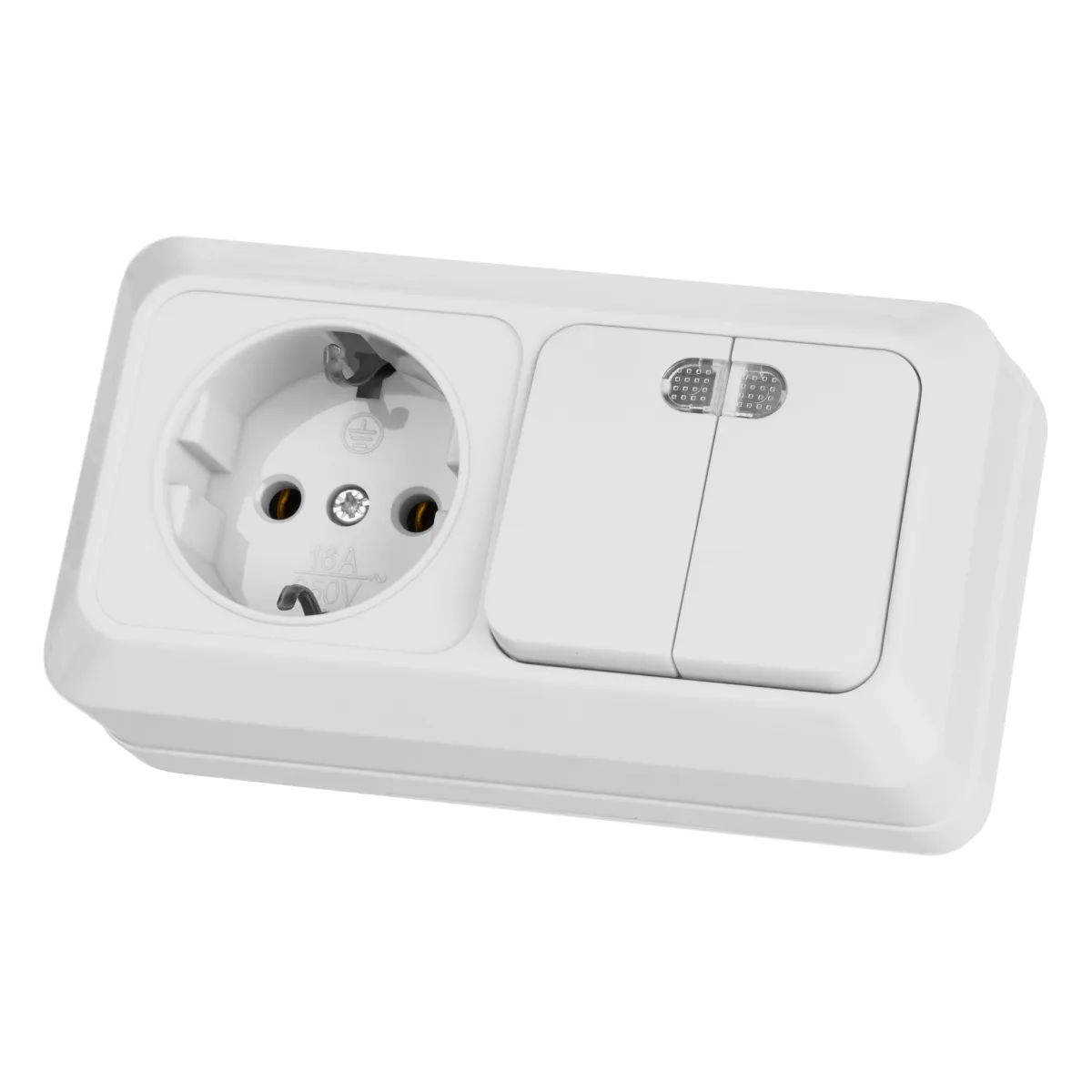 Bloc combinat cu oprire 2-circuit cu protecție 10A + priză 2P+Z 16A 250V BCKR IP20 alb "Ladoga" TDM