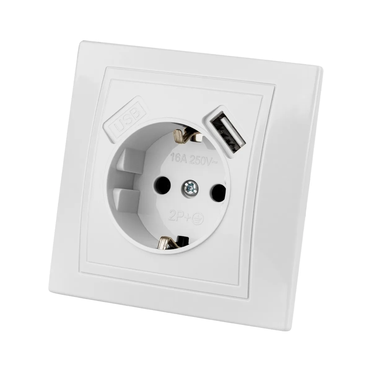 Priză 2P+Z cu protecție 16A 250V + port USB 2,1A 5V alb "Таймыр" TDM