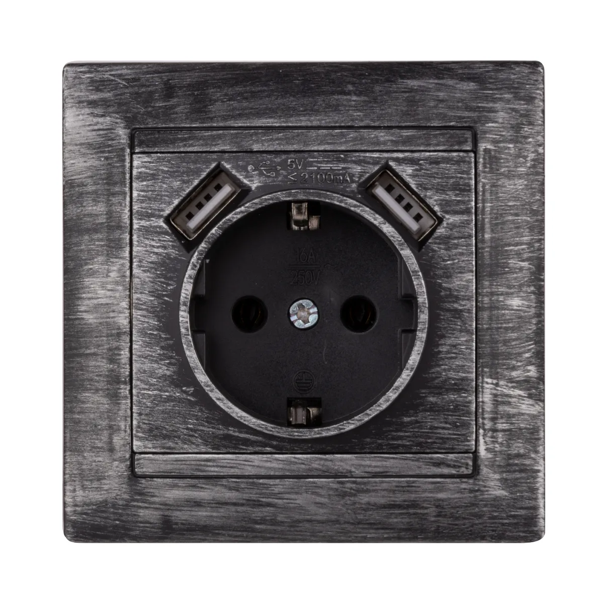 Priză 2P+Z 16A 250V + 2 porturi USB 2,1A 5V argint vechi "Lama" TDM