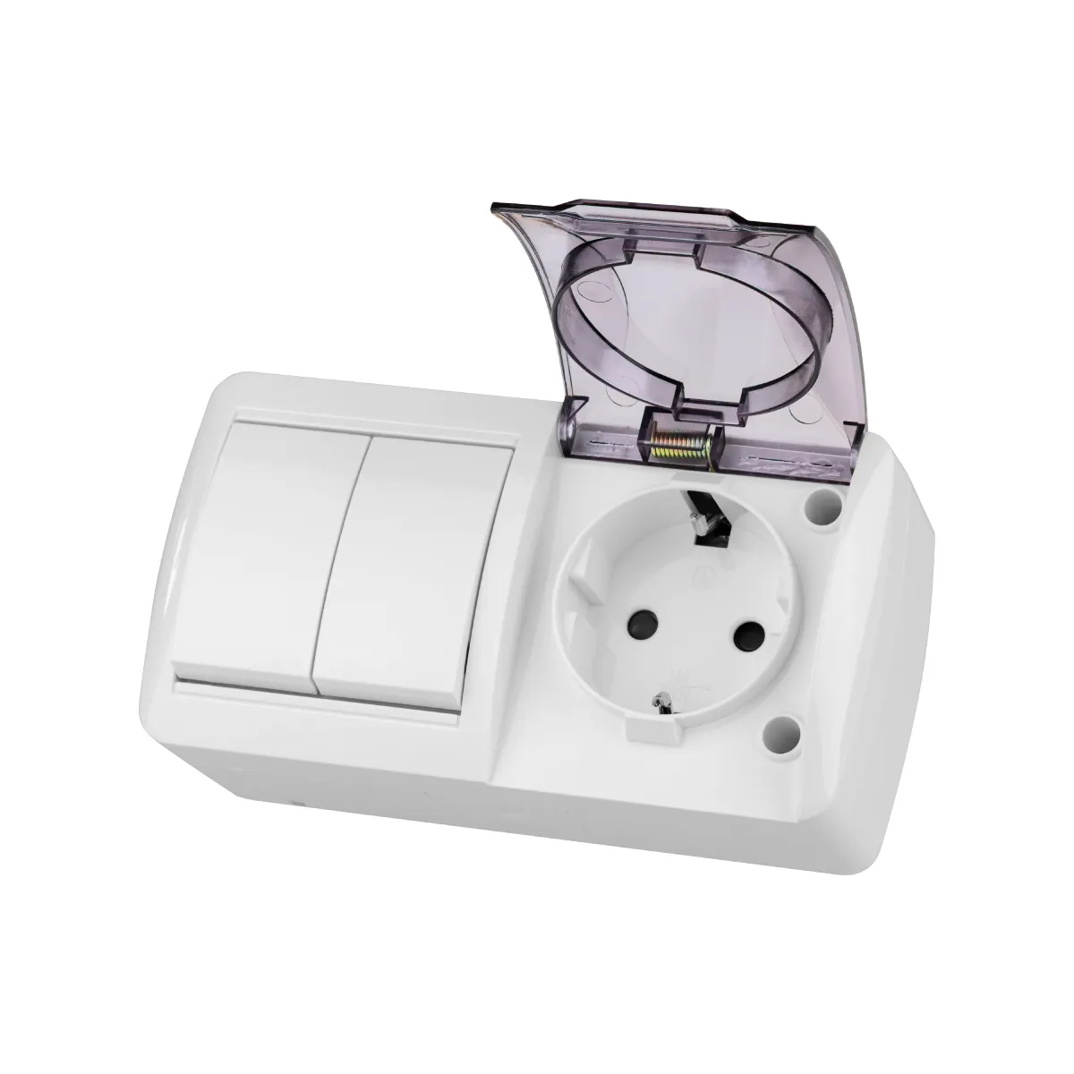 Bloc comutator 2-cl. 10A + priză 2P+Z 16A cu protecție la șoc cu capac transparent IP54 alb "Seliger" TDM