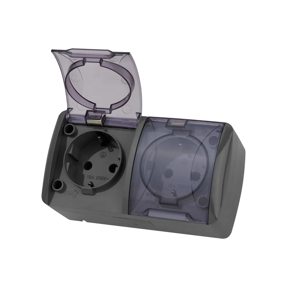 Priză dublă 2P+3 de montaj deschis IP54 16A cu capac transparent gri "Seliger" TDM