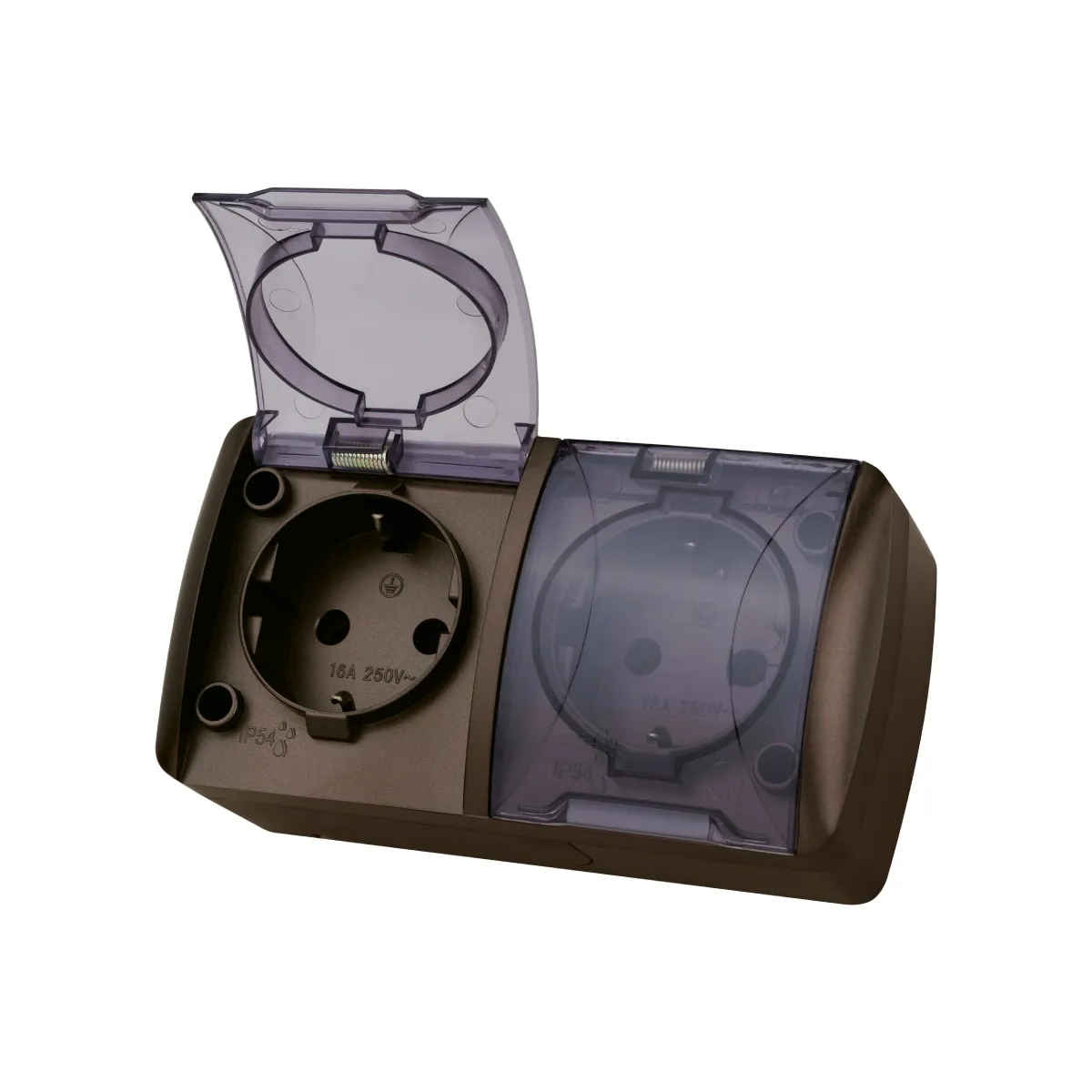 Priză dublă 2P+3 de montaj deschis IP54 16A cu capac transparent ciocolată "Seliger" TDM